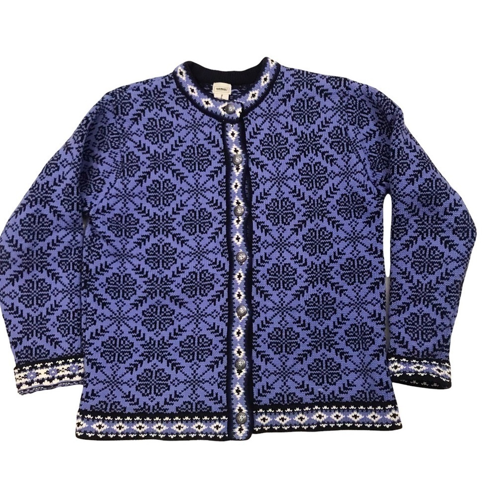 Vtg LL Bean Women Medium Purple Black Metal Button Fair Isle Snowflake Cardigan - Picture 2 of 12
